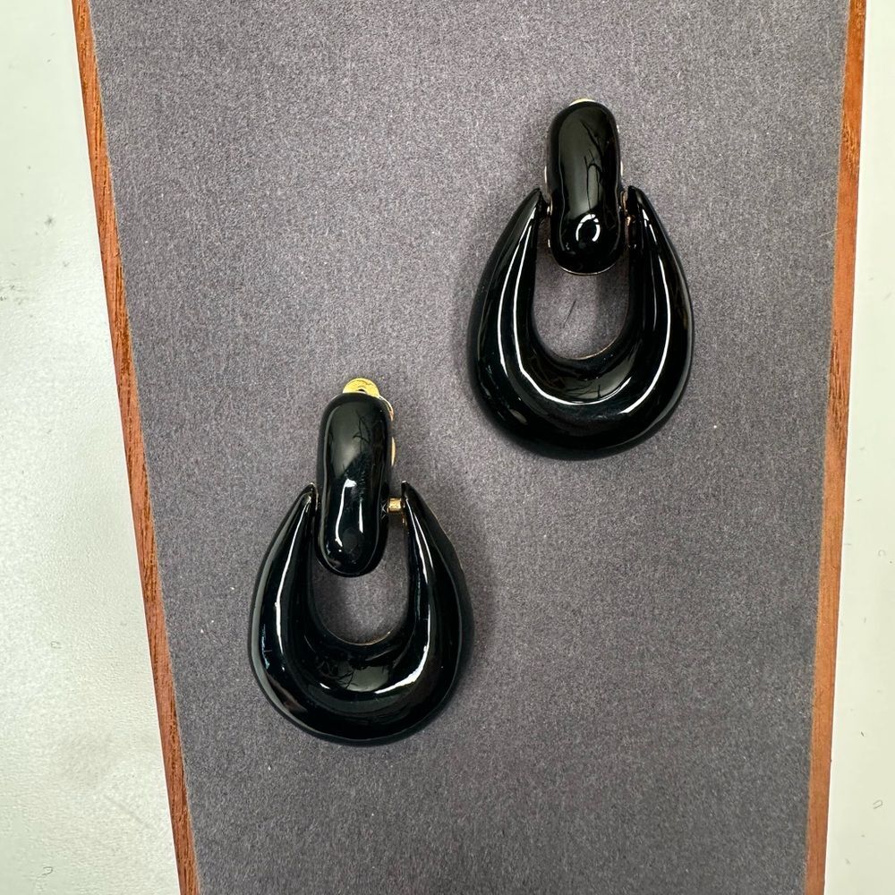 Vintage St. John Black Enamel Clip-On Earrings 80s Gold Tone Designer Jewelry